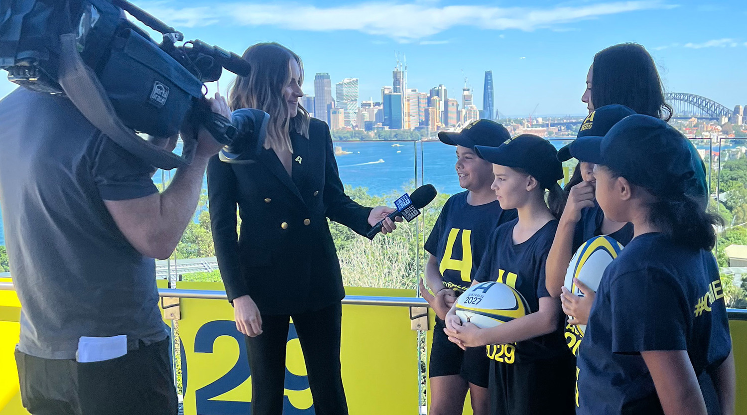 roz kelly Interviewing future rugby stars at the 2021 announcement of Australia hosting the 2027 and 2029 Rugby World Cup. 