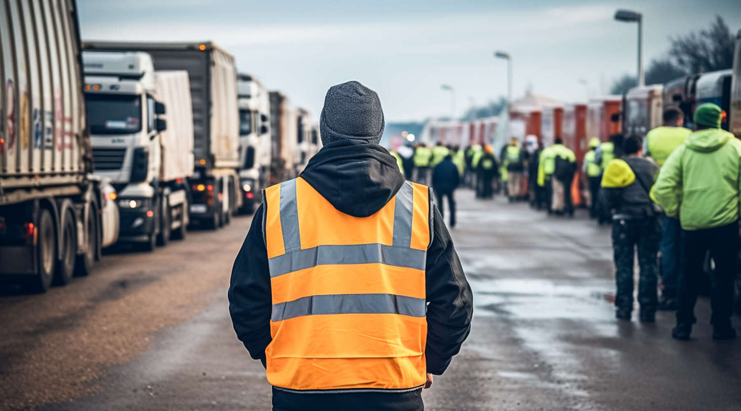 delivery driver looking at large delivery trucks 