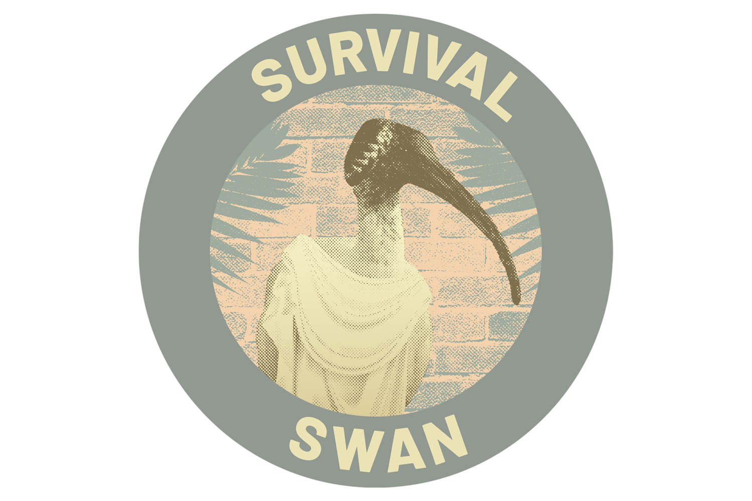 A logo of an ibis draped in a toga-style outfit in front of a faded blue-and-white background with "Survival Swan" written around it in a cirlce